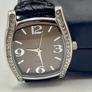 Adrienne Brown Face Watch w/Rectangle Pave Case and Black Leather Band. 9 inch